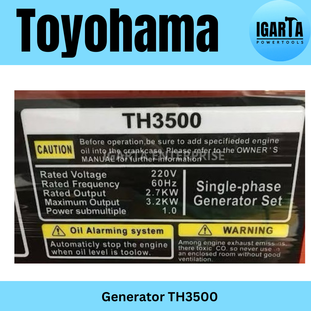 Toyohama TH3500 Gasoline Generator – 3000W Portable Power, 220V, 60Hz, 4-Stroke Engine