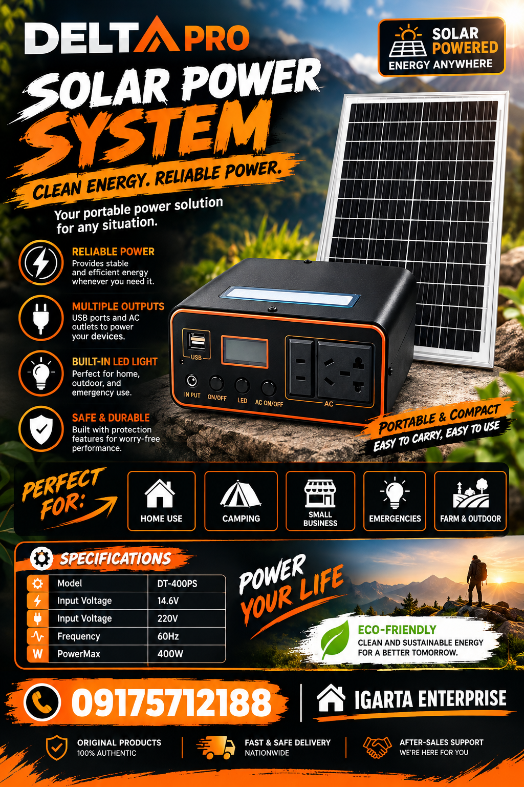 DELTA PRO DT‑400PS Portable Power Station with Free Solar Panel | 44,000mAh | 400W Output | 220V AC | USB | LED Light