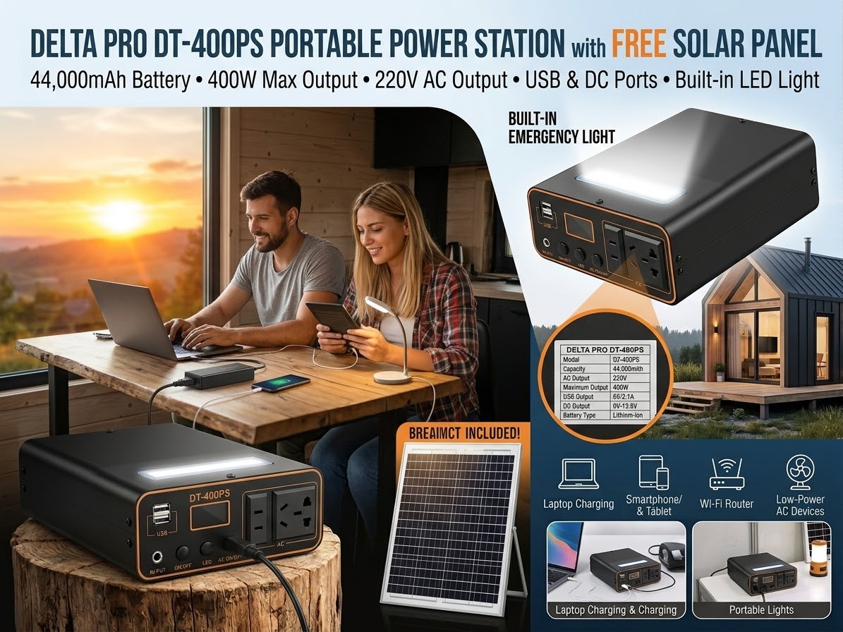 DELTA PRO DT‑400PS Portable Power Station with Free Solar Panel | 44,000mAh | 400W Output | 220V AC | USB | LED Light